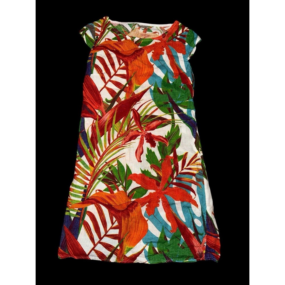 Lina Tomei Dress Linen‎ Tropical Floral Sz L Coastal Pockets Resort Beachy